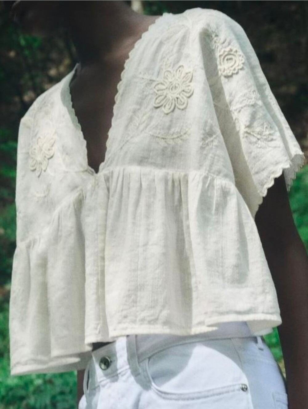 Sz M New Zara EMBROIDERED CROP TOP ECRU